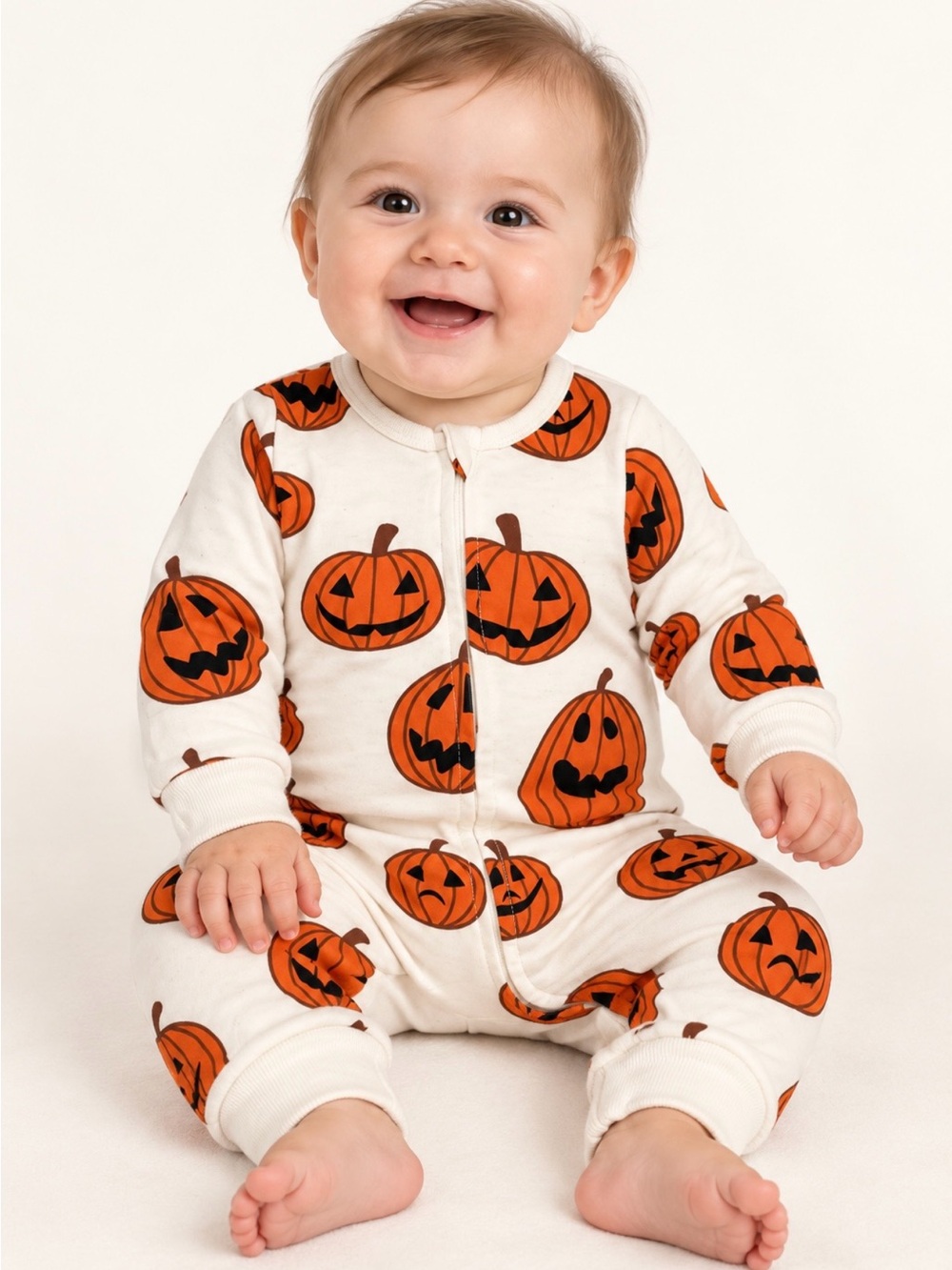 Baby Pumpkins Zip-Up Footed Jumpsuit - Cream & Orange Unbranded 100% Cotton
